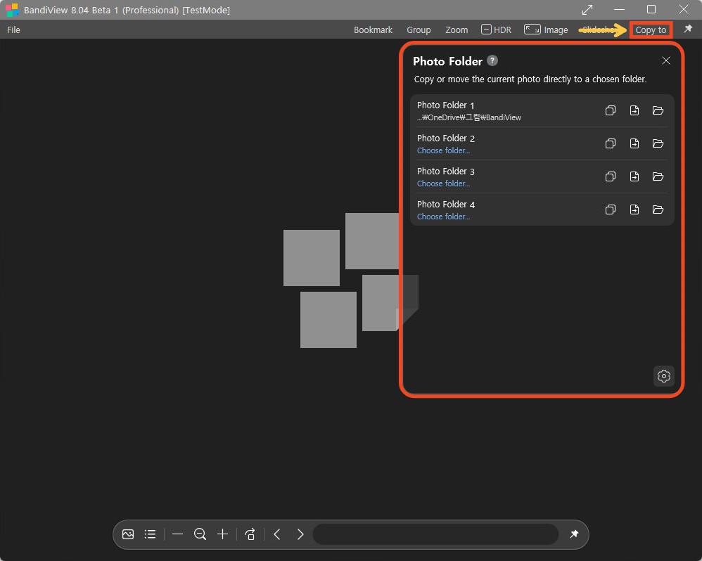 The Copy to menu at the top right of BandiView with the Photo Folder panel open